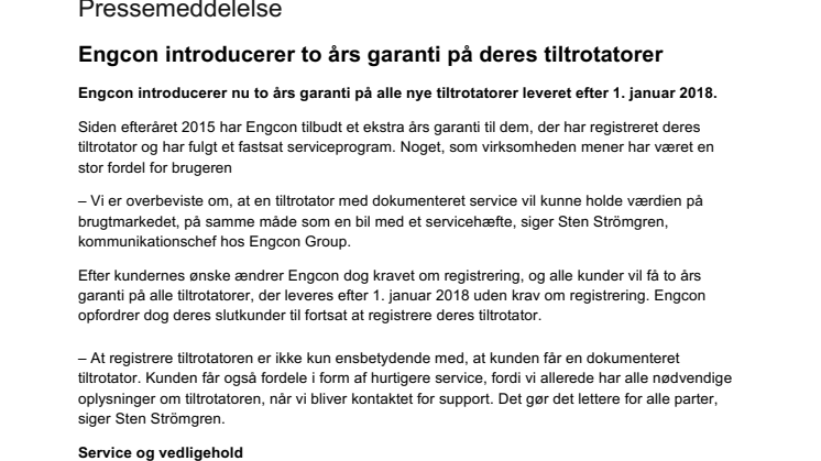 Engcon introducerer to års garanti på deres tiltrotatorer