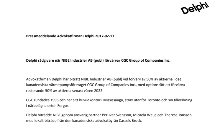 Delphi rådgivare när NIBE Industrier AB (publ) förvärvar CGC Group of Companies Inc.