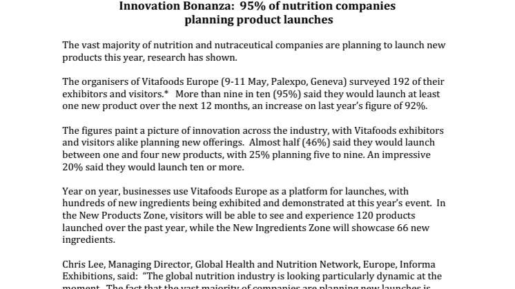 Innovation Bonanza:  95% of nutrition companies  planning product launches