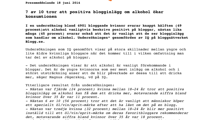 7 av 10 tror att positiva blogginlägg om alkohol ökar konsumtionen 