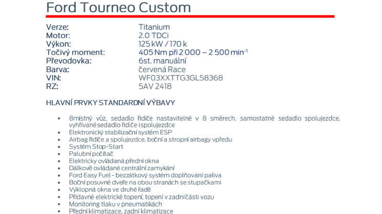 Specifikace vozu Ford Tourneo Custom 
