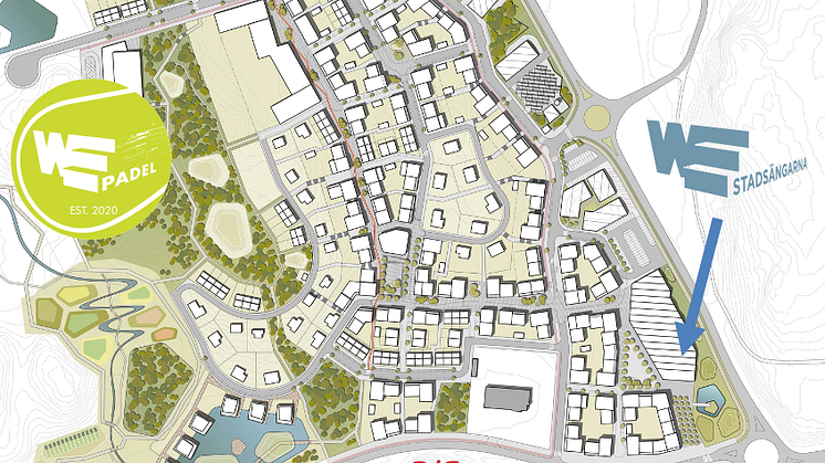 Kartan visar var padelhallen kommer att ligga i förhållande till stadsdelen och det kommande gymmet WE Stadsängarna