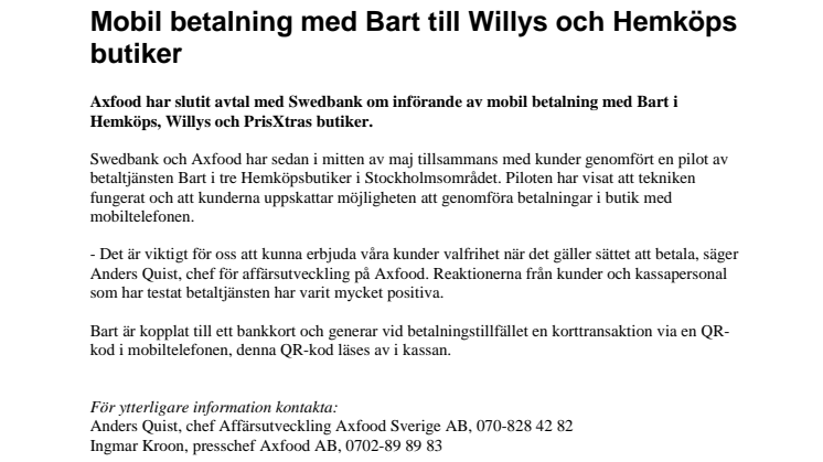 Mobil betalning med Bart till Willys och Hemköps butiker