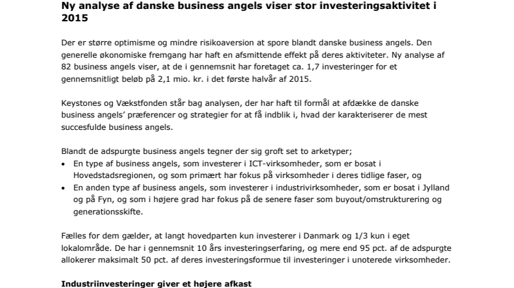 Ny analyse af danske business angels viser stor investeringsaktivitet i 2015