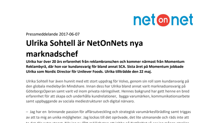 Ulrika Sohtell är NetOnNets nya marknadschef   