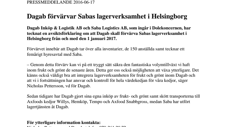 Dagab förvärvar Sabas lagerverksamhet i Helsingborg