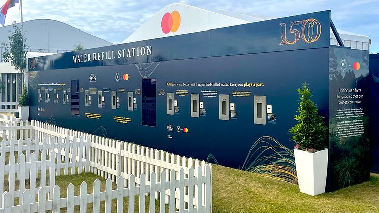 The world's largest water station launched by Bluewater at the 150th OPEN IN St Andrews, Scotland, able to fill over 12,000 500ml refillable bottles every day.