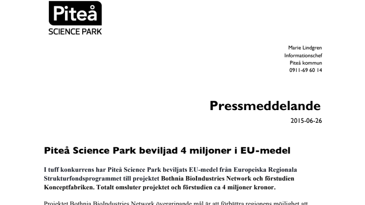Piteå Science Park beviljad 4 miljoner i EU-medel