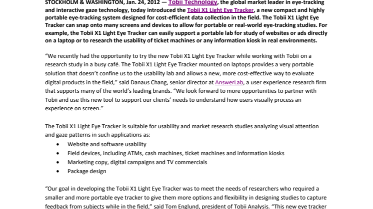 Launch of Tobii X1 Light Eye Tracker Makes Cost-Effective Research in the Field ‘a Snap’