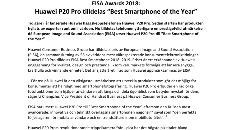 EISA Awards 2018: Huawei P20 Pro tilldelas “Best Smartphone of the Year”
