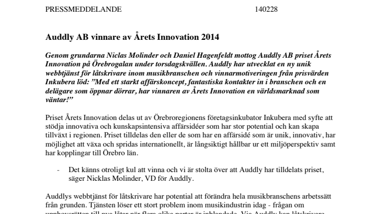 Auddly AB vinnare av Årets Innovation 2014