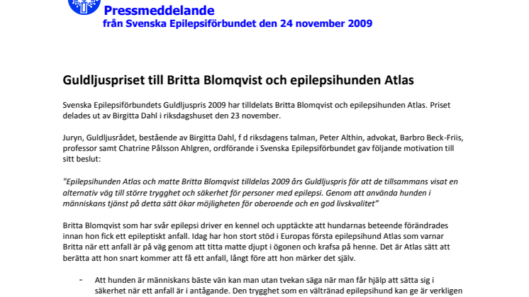 Guldljuspriset till Britta Blomqvist och epilepsihunden Atlas