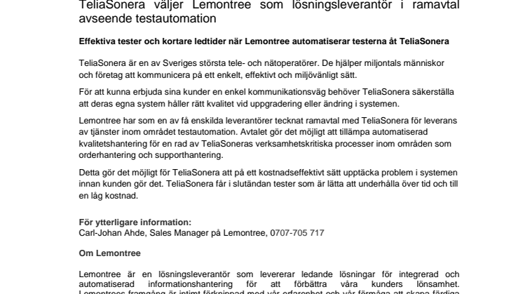 TeliaSonera väljer Lemontree som lösningsleverantör i ramavtal avseende testautomation