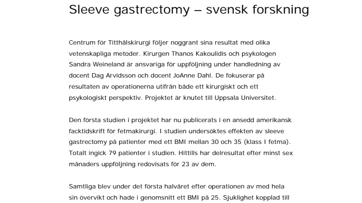 Sleeve gastrectomy – svensk forskning