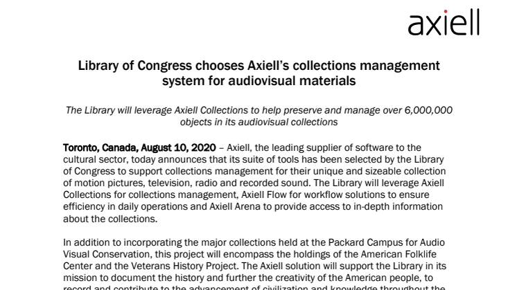 Library of Congress chooses Axiell’s collections management system for audiovisual materials