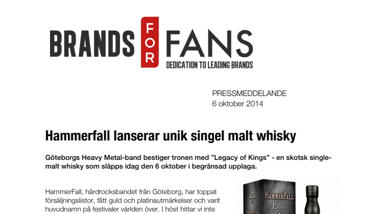 HammerFall lanserar unik single malt whisky