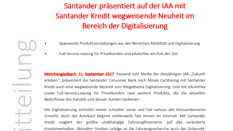 Santander präsentiert auf der IAA mit  Santander Kredit wegweisende Neuheit im Bereich der Digitalisierung