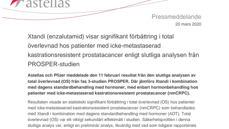Xtandi (enzalutamid) visar signifikant förbättring i total överlevnad hos patienter med icke-metastaserad kastrationsresistent prostatacancer enligt slutliga analysen från PROSPER-studien