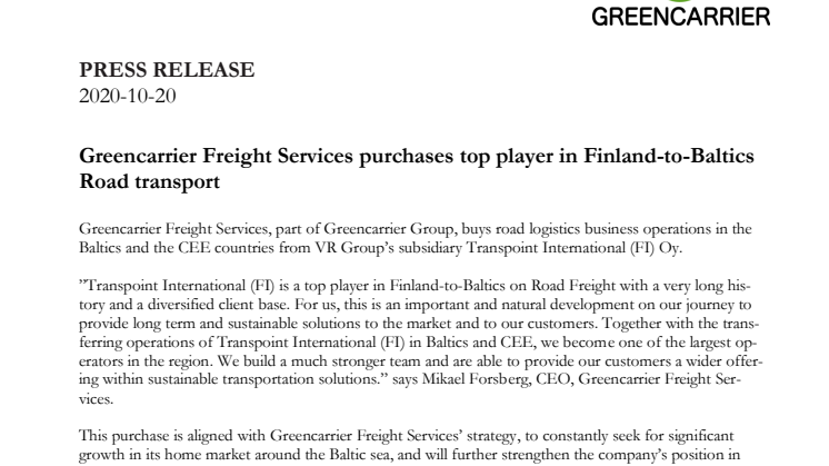 Greencarrier Freight Services purchases top player in Finland-to-Baltics Road transport