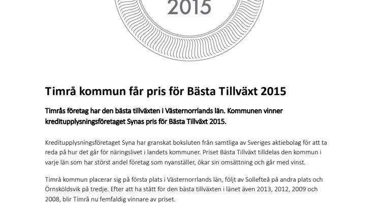 Timrå kommun får pris för Bästa Tillväxt 2015