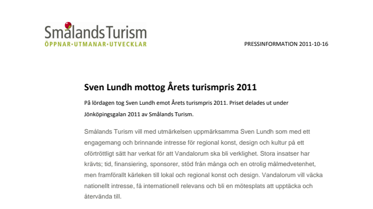 Sven Lundh mottog Årets turismpris 2011 