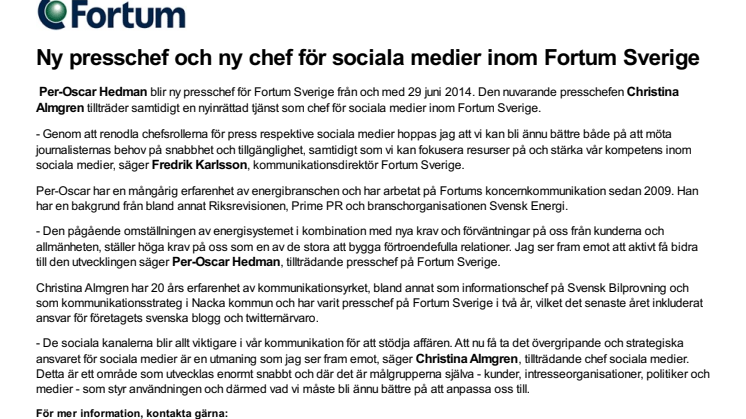 Ny presschef och ny chef för sociala medier inom Fortum Sverige