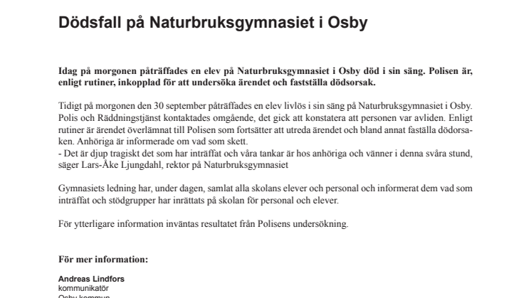 Dödsfall på Naturbruksgymnasiet i Osby