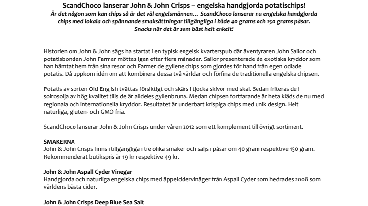 ScandChoco lanserar John & John Crisps – engelska handgjorda potatischips!