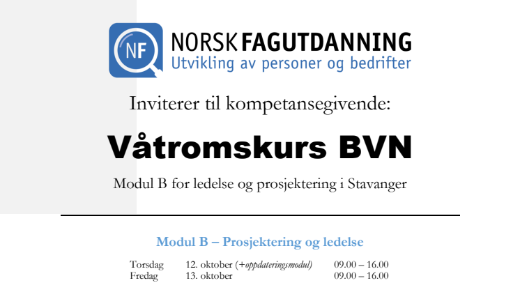 Invitasjon til våtromskurs - Modul B - i Stavanger 12 oktober