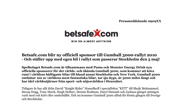 Betsafe.com blir ny officiell sponsor till Gumball 3000-rallyt 2010