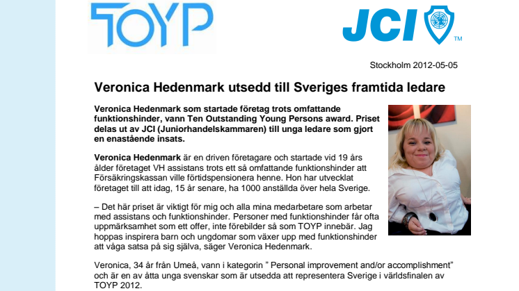 Veronica Hedenmark utsedd till Sveriges framtida ledare