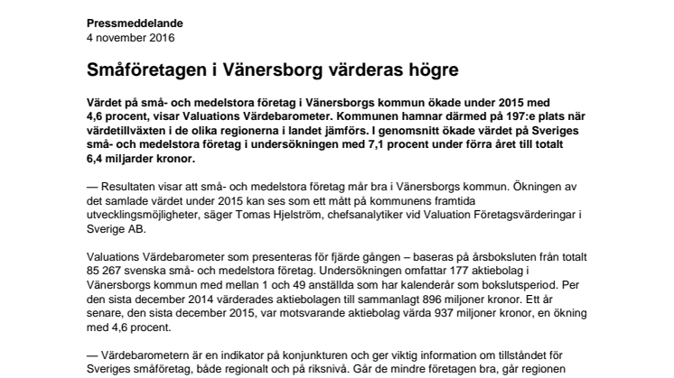 Värdebarometern 2015 Vänersborgs kommun