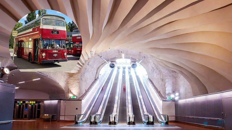 Dubbeldäckare och konst av Karin Lindh på pendeltågsstationen Stockholm City. Foto: Magnus Svensson, Markus Hallberg