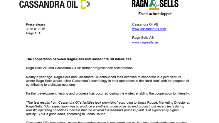 ​Samarbetet mellan Ragn-Sells och Cassandra Oil intensifieras