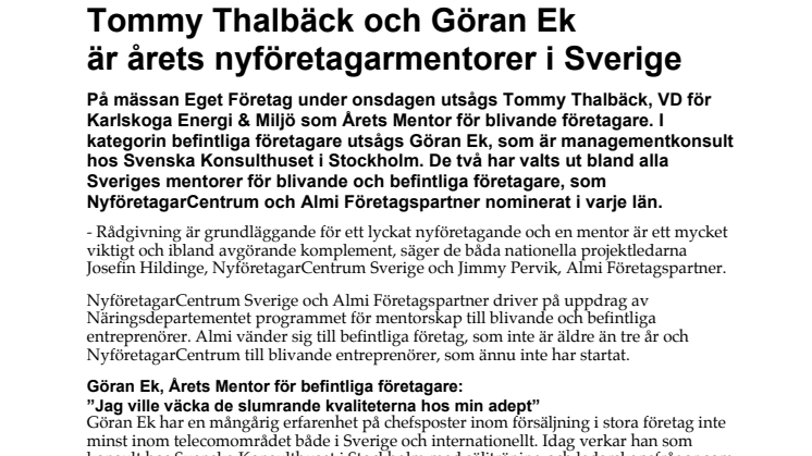 Tommy Thalbäck och Göran Ek är årets nyföretagarmentorer i Sverige 