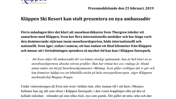 Kläppen Ski Resort kan stolt presentera en ny ambassadör