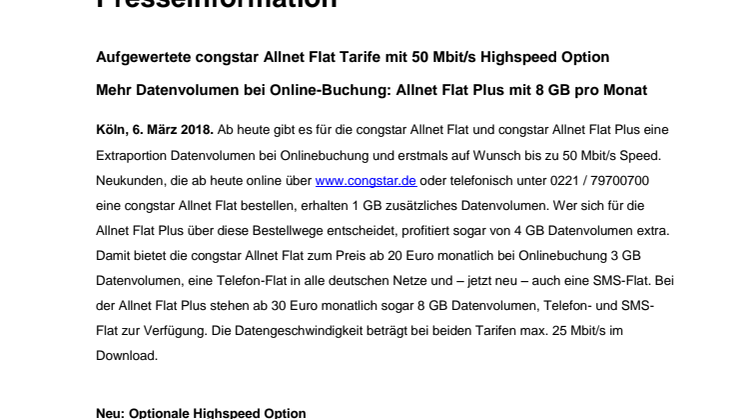 Aufgewertete congstar Allnet Flat Tarife mit 50 Mbit/s Highspeed Option - Mehr Datenvolumen bei Online-Buchung: Allnet Flat Plus mit 8 GB pro Monat