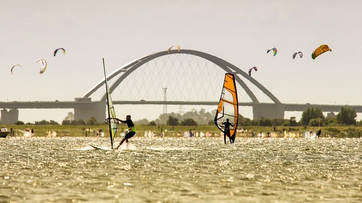 Wind- und Kitesurfer vor der Fehmarnsundbrücke