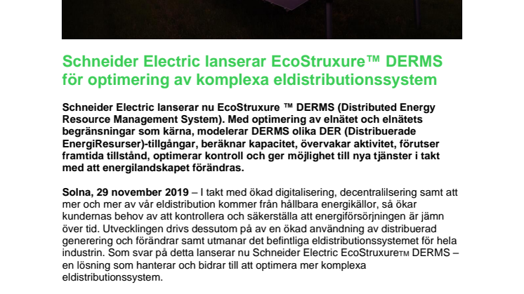 Schneider Electric lanserar EcoStruxure™ DERMS för optimering av komplexa eldistributionssystem