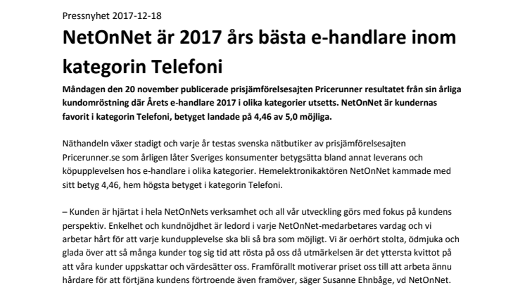 NetOnNet är 2017 års bästa e-handlare inom kategorin Telefoni