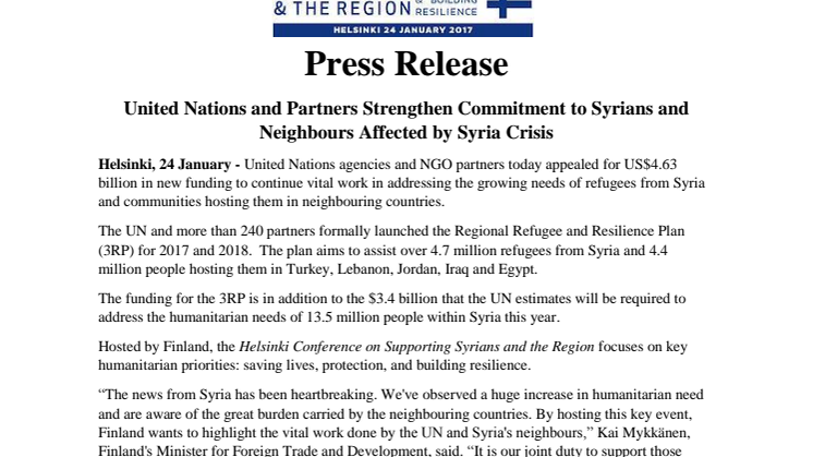 ​United Nations and Partners Strengthen Commitment to Syrians and Neighbours Affected by Syria Crisis