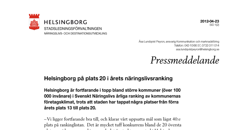 Helsingborg på plats 20 i årets näringslivsranking