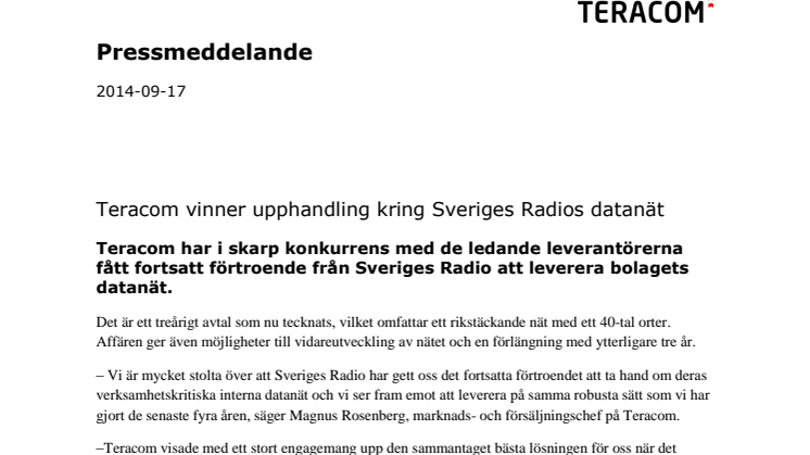 Teracom vinner upphandling kring Sveriges Radios datanät