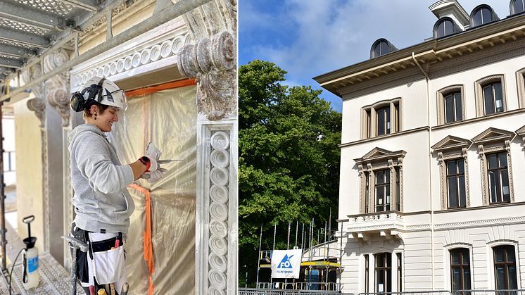 På bilden syns Emma Backman, murarlärling på Tegelfogen, som arbetar med fönsterdekoren på fasaden.