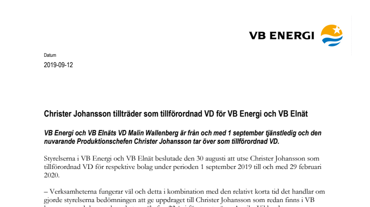 Christer Johansson tillträder som tillförordnad VD för VB Energi och VB Elnät