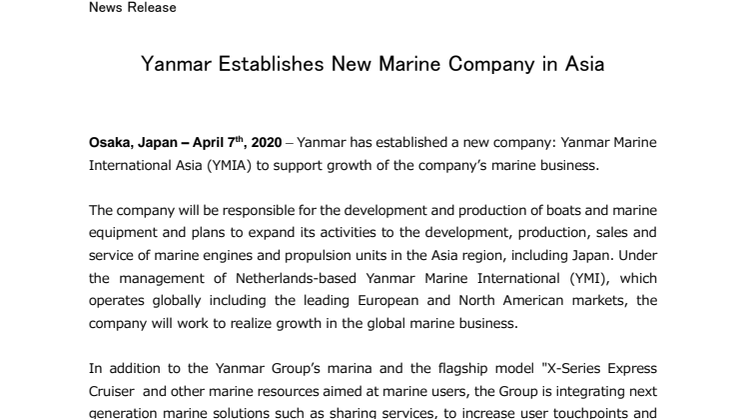 Yanmar Establishes New Marine Company in Asia