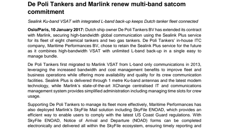 De Poli Tankers and Marlink renew multi-band satcom commitment 
