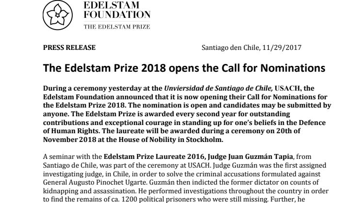 The Edelstam Prize 2018 opens the Call for Nominations
