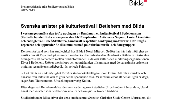 Svenska artister på kulturfestival i Betlehem med Bilda