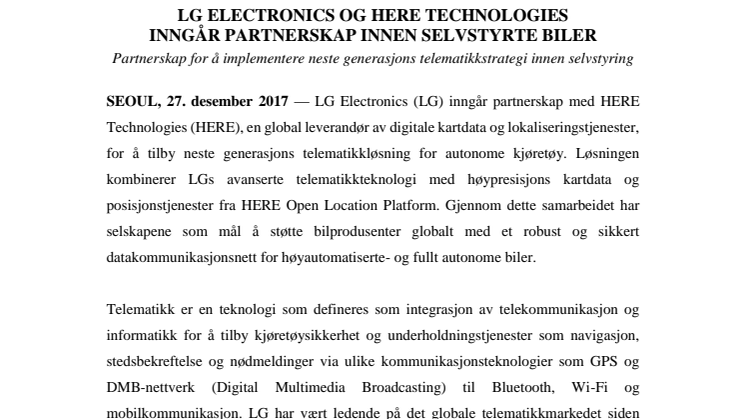 LG ELECTRONICS OG HERE TECHNOLOGIES  INNGÅR PARTNERSKAP INNEN SELVSTYRTE BILER